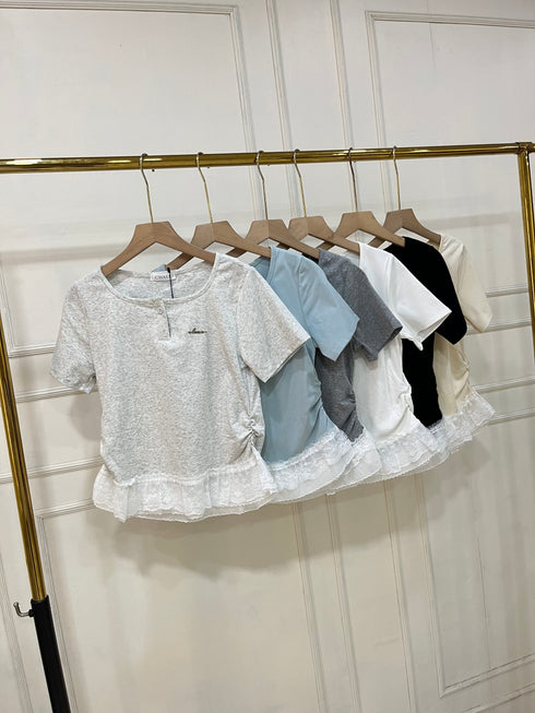 Women Round Neck Lacey Detail Button Down Tops